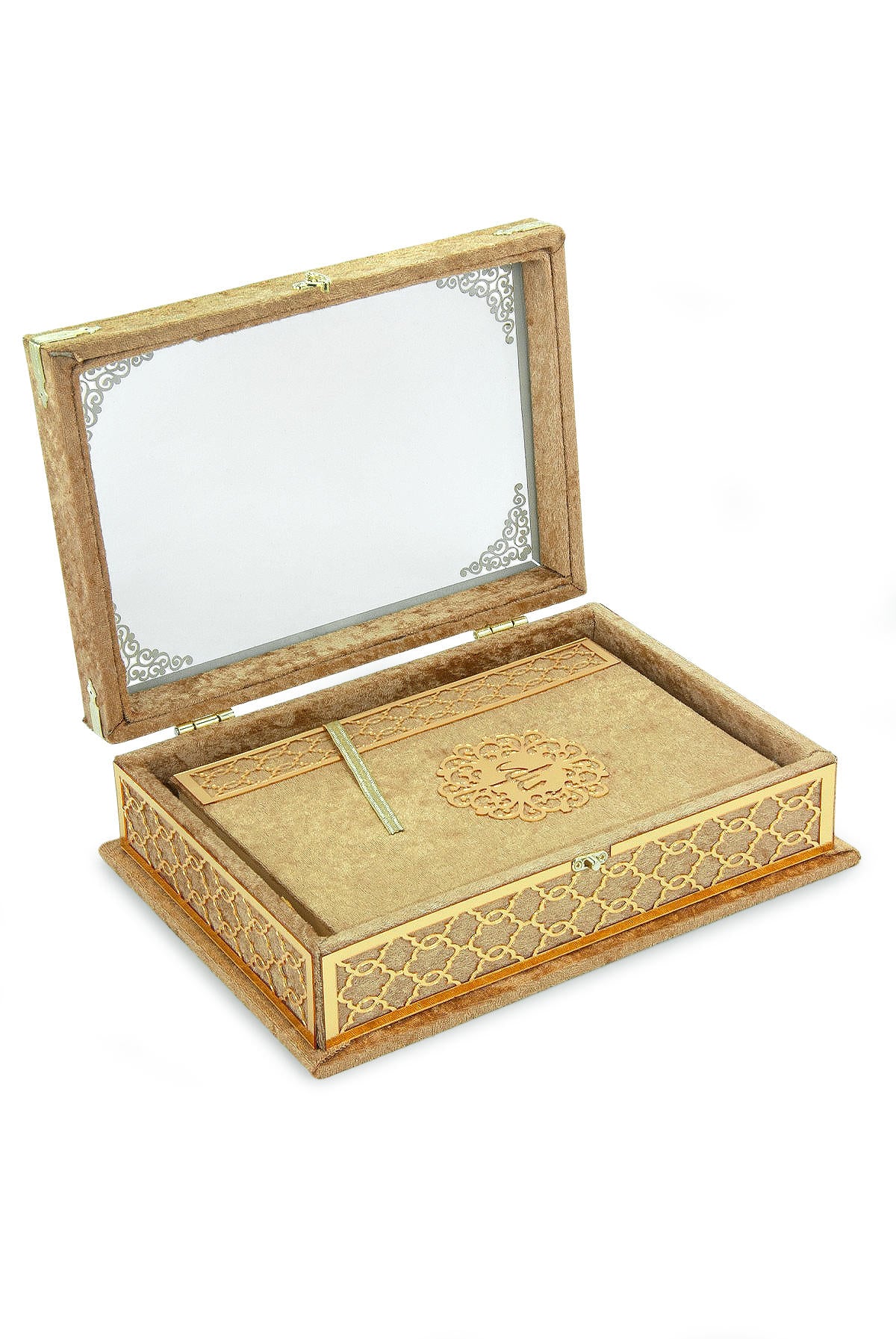 Velvet Covered Holy Quran Gift Set | Gold Embellished Glass-Top Rehal Box | Decorative Islamic Display for Ramadan & Eid