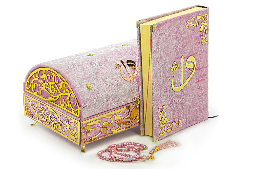 Luxuriöse, mit Samt überzogene islamische Gebetsbox in Form einer Schatzkiste mit elegantem, mit Samt überzogenem Koran und Gebetsperlen, Tesbih-, Ramadan- und Eid-Geschenk
