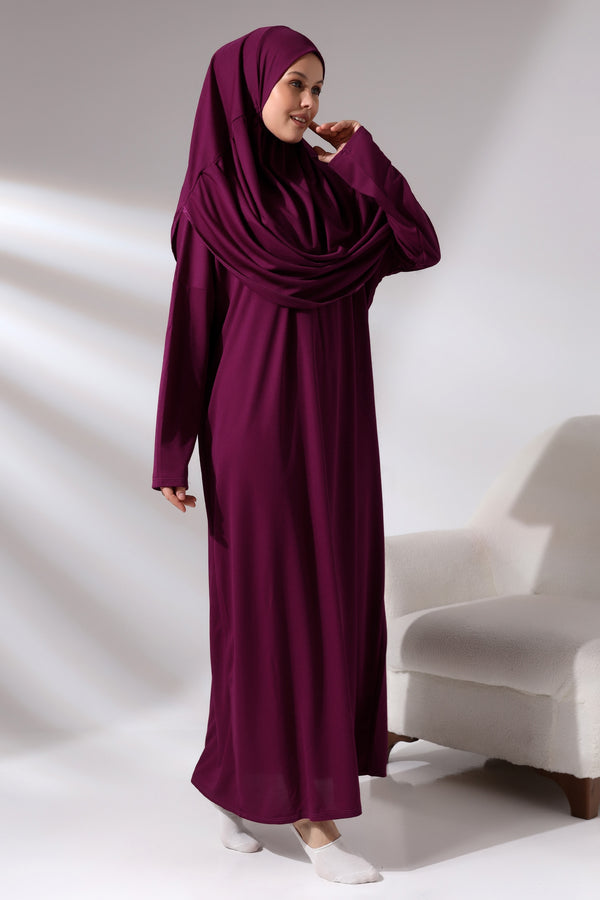 Muslimische Kleider für Frauen, einteiliges Langarm-Hijab-Abaya, islamisches Gebetskleid in voller Länge, Fuchsia, Komfort