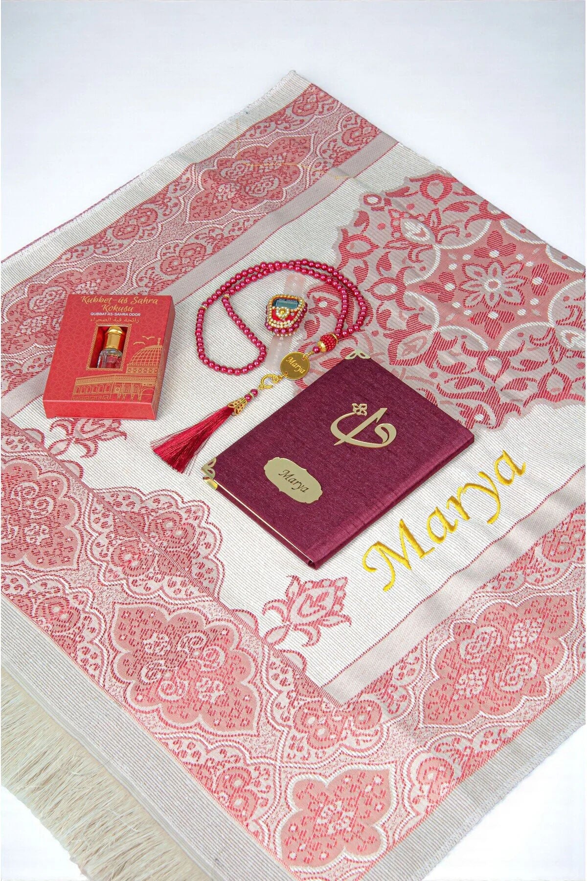 Personalized Islamic Gift Set – Prayer Rug, Yasin Book, Tasbeeh, Digital Zikr Counter & Perfume