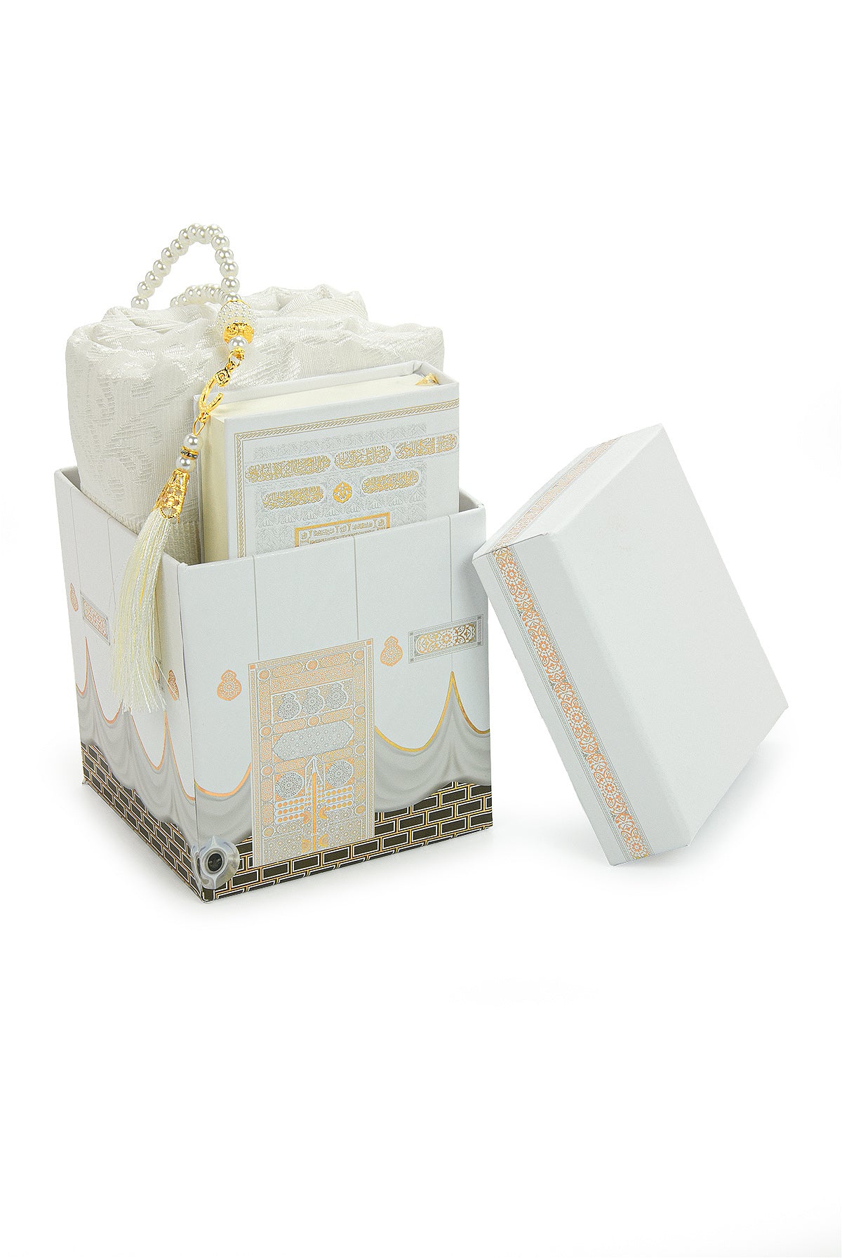 Kaaba Pattern Luxury Mevlut Gift Set – Holy Quran, Tafta Prayer Rug, Pearl Tasbeeh, Special Gift Box