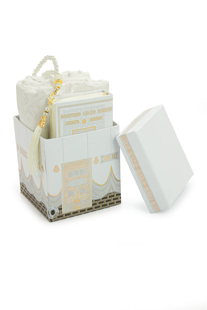 Kaaba Pattern Luxury Mevlut Gift Set – Holy Quran, Tafta Prayer Rug, Pearl Tasbeeh, Special Gift Box