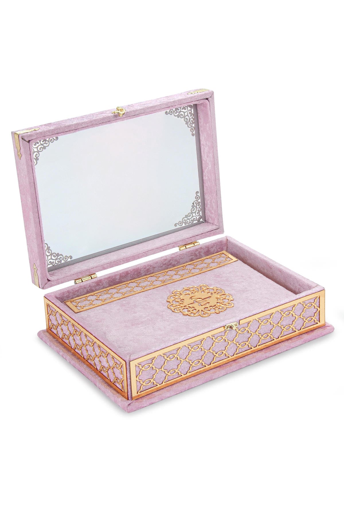 Velvet Covered Holy Quran Gift Set | Gold Embellished Glass-Top Rehal Box | Decorative Islamic Display for Ramadan & Eid