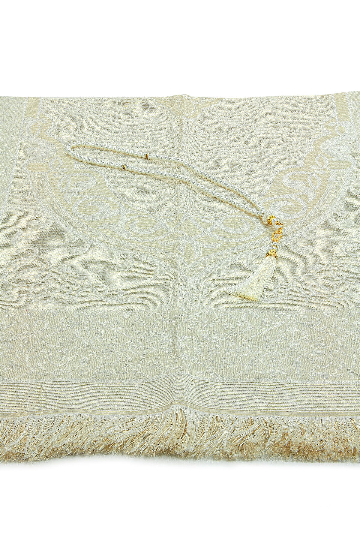 Kaaba Pattern Luxury Mevlut Gift Set – Black Tafta Prayer Rug, Needle Lace Scarf, Pearl Tasbeeh, Special Gift Box