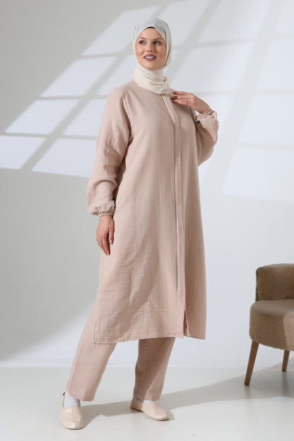 Women's Muslin Zip-Up Hijab Two-Piece Set Cotton Hajj and Umrah Outfit Beige (VSN)