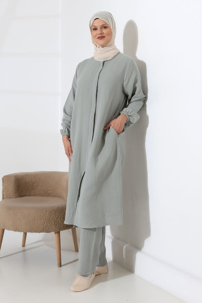 Women's Muslin Zip-Up Hijab Two-Piece Set Cotton Hajj and Umrah Outfit Mint Green (VSN)