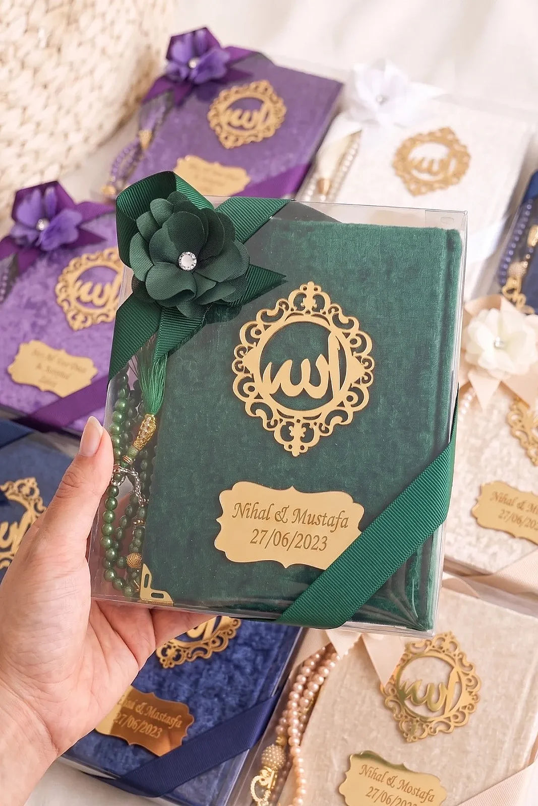 5-Pack Personalized Velvet Yaseen Book Gift Set with 99-Bead Tasbih & Gift Box