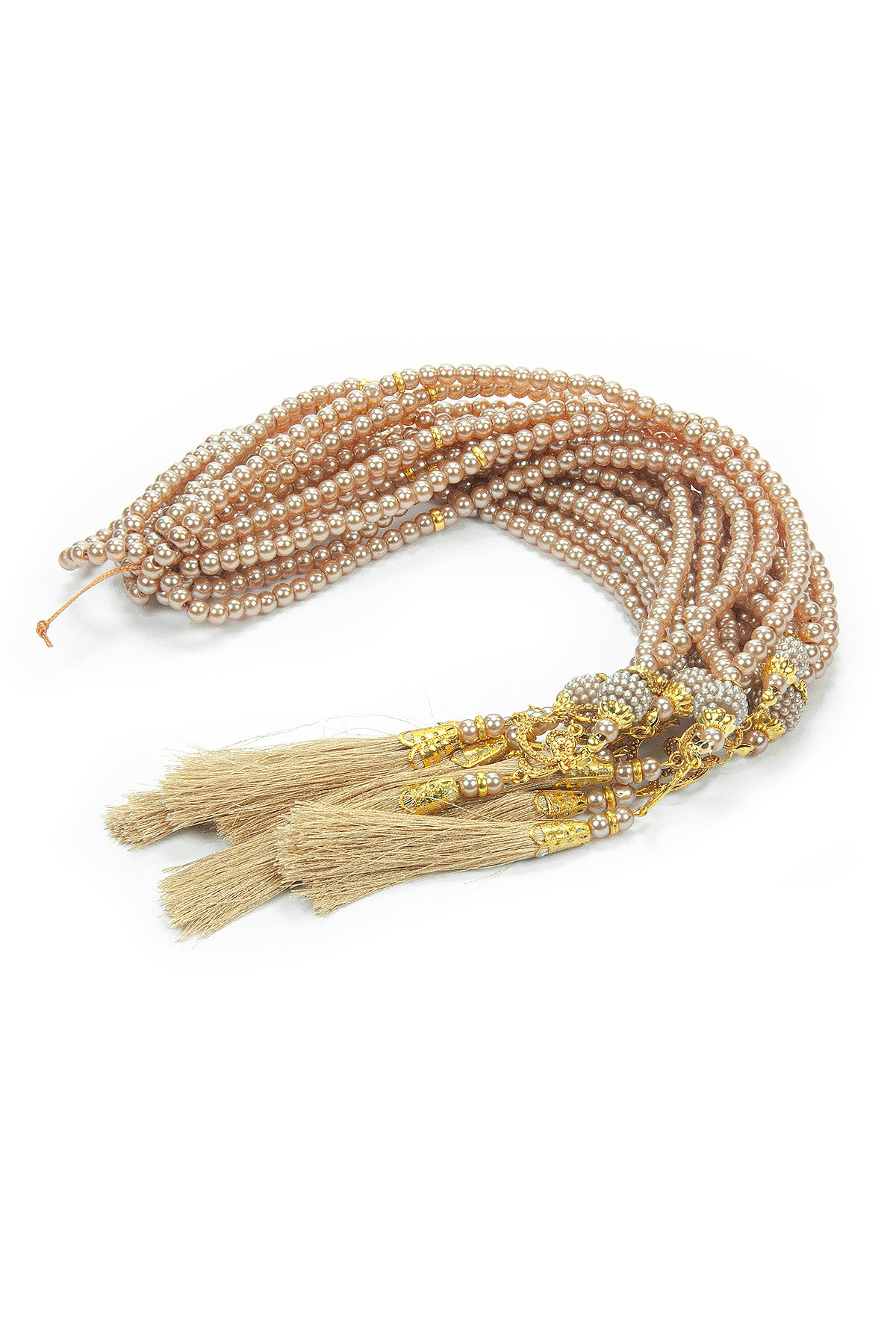10 Pieces 99-Bead Pearl Tasbih, Vav Letter, Ideal for Mevlid, Hajj, and Umrah Gifts - Gold