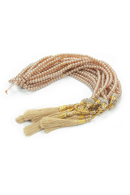 10 Pieces 99-Bead Pearl Tasbih, Vav Letter, Ideal for Mevlid, Hajj, and Umrah Gifts - Gold