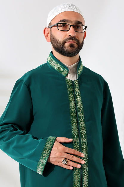Yeşil Erkek Namaz Elbisesi İşlemeli Hakim Yaka İmam Cübbesi