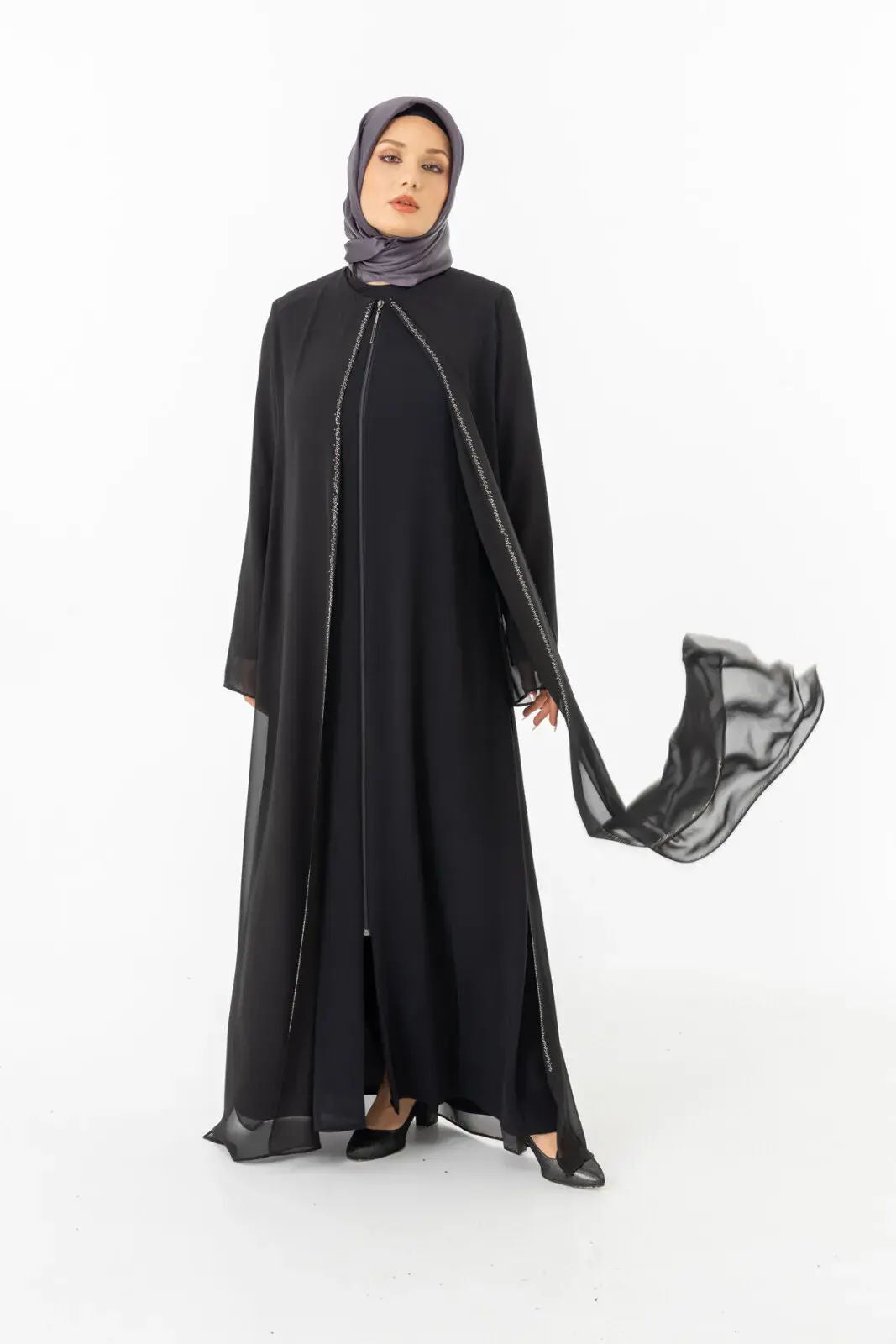 ZERENAY 5522-25 SİYAH KAZ AYAĞI JAKARLI ABAYA