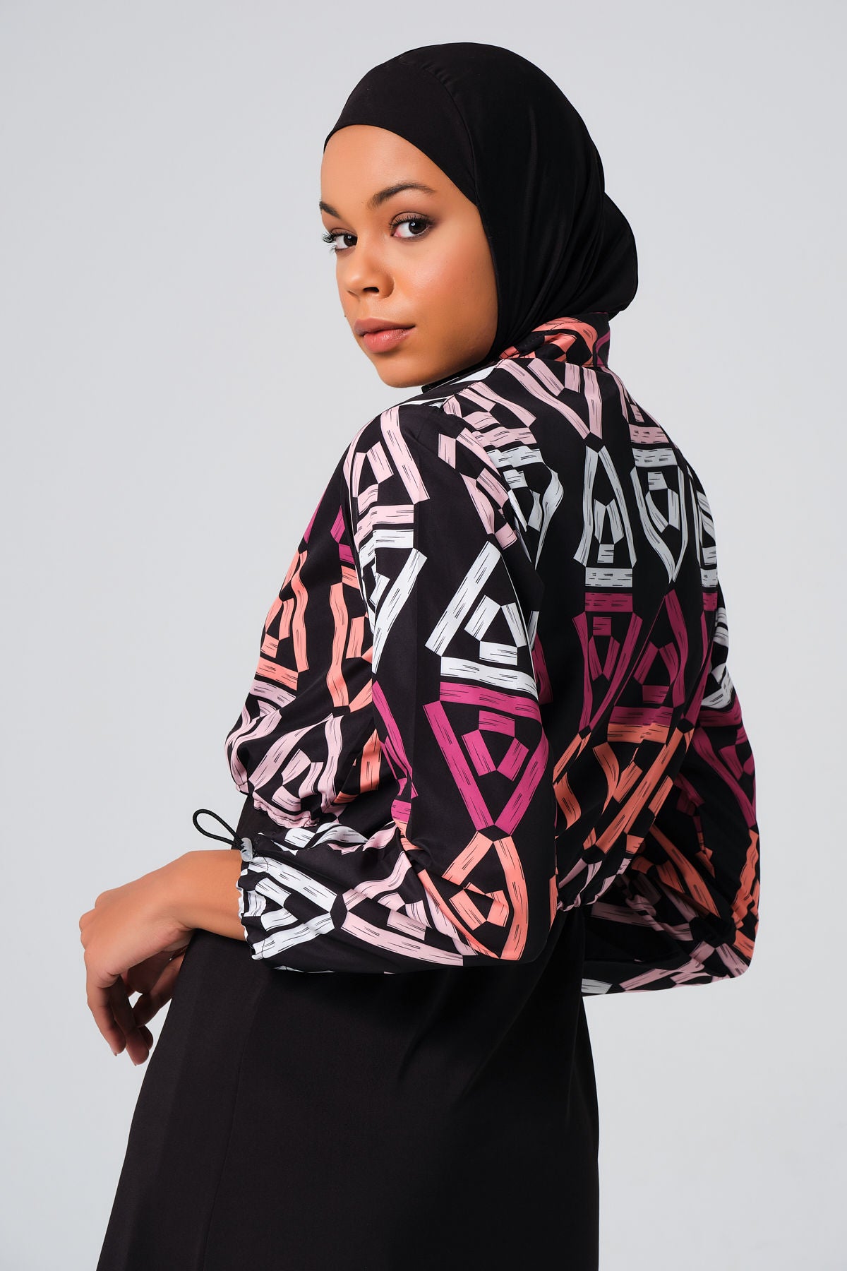 Alfasa Desenli Crop Tam Kapalı Tesettür Mayo 23260-23 Pembe