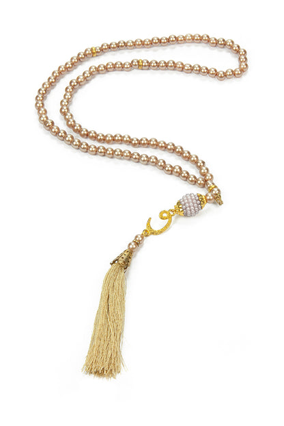 10 Pieces 99-Bead Pearl Tasbih, Vav Letter, Ideal for Mevlid, Hajj, and Umrah Gifts - Gold