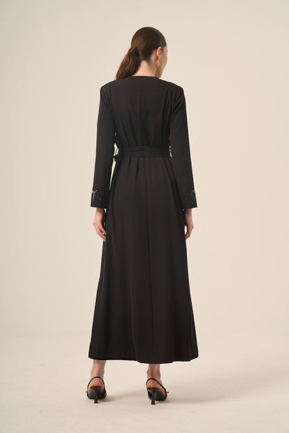 Siyah İki Parça Kristal Taş Detaylı Abaya 6517-25 Siyah