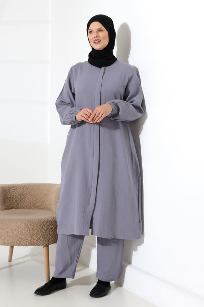 Women's Muslin Zip-Up Hijab Two-Piece Set Cotton Hajj and Umrah Outfit Grey (VSN)