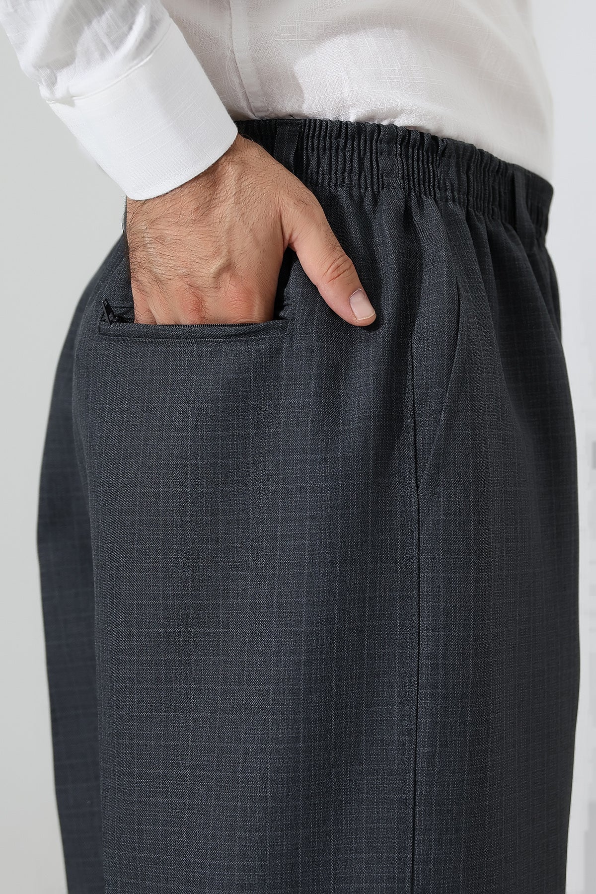 Erkek Graf Kareli Kumaş Şalvar Pantolon, Beli Lastikli Cepli - Füme (ISR)