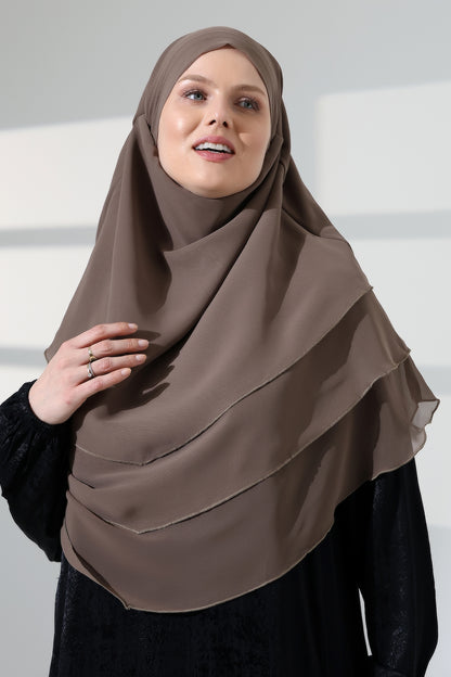 Muslim Prayer Hijab 3 Layers, Chiffon Khimar with Niqab Face Veil, Breathable Layered Ruffle Instant Long Scarf for Women, Oval Cut
