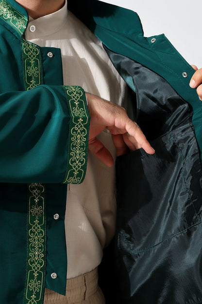 Yeşil Erkek Namaz Elbisesi İşlemeli Hakim Yaka İmam Cübbesi