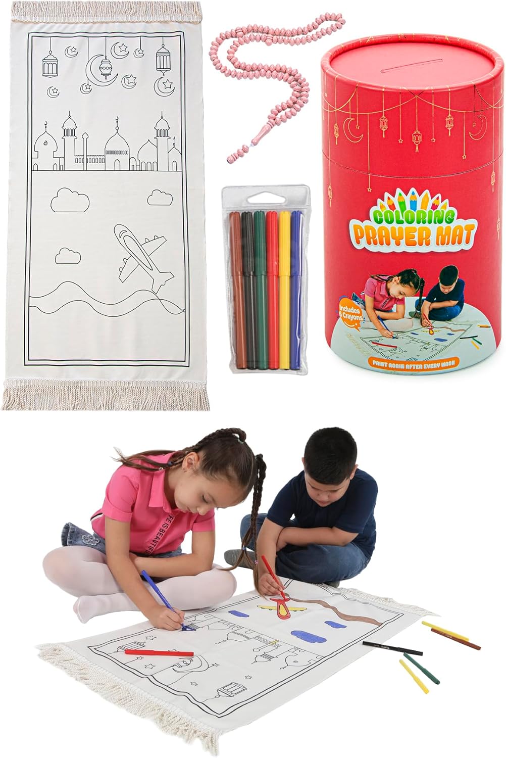 Islamic Prayer Rug Set for Kids | Paintable & Washable | Red
