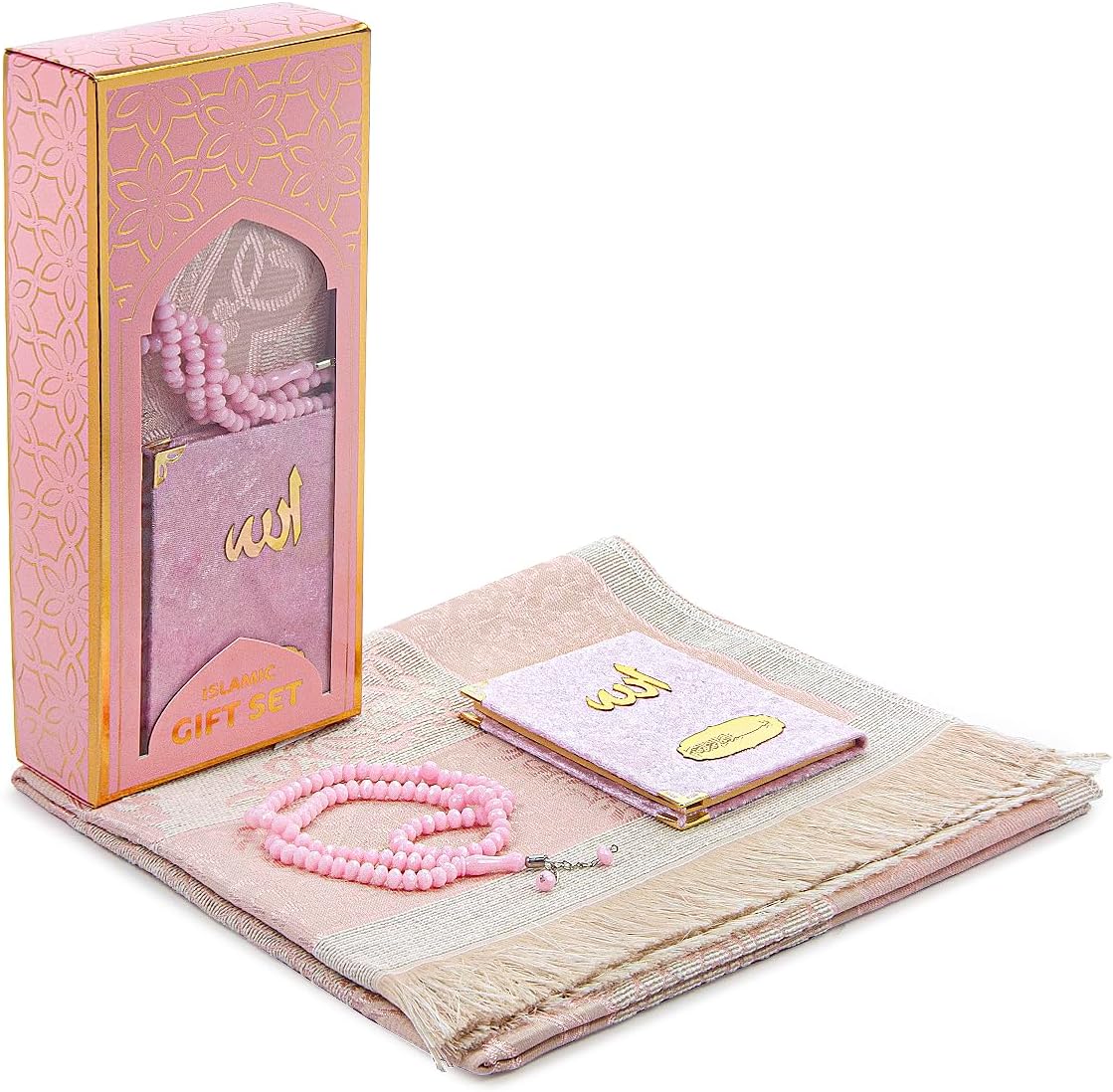Islamic Gift Set – Taffeta Prayer Rug, Velvet Yaseen Book & Prayer Beads