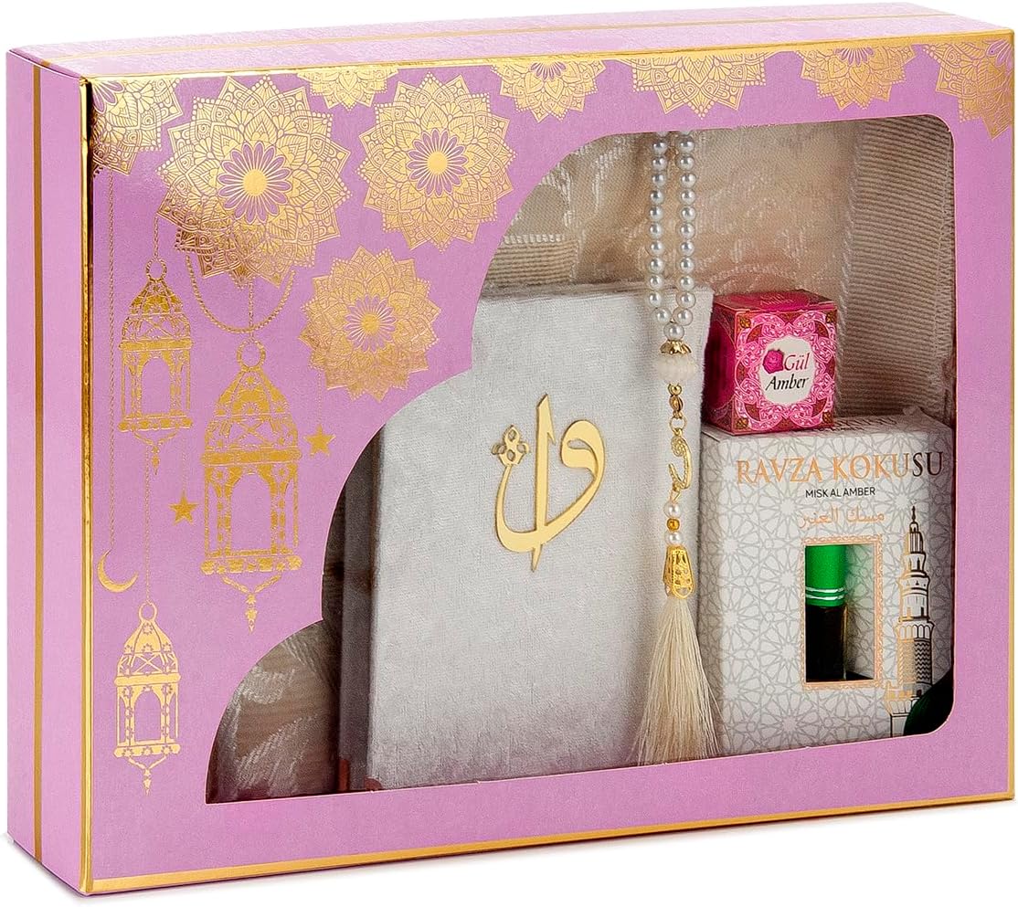 Islamic Prayer Gift Set – Muslim Prayer Rug, Yaseen Book, Tesbih & Ravza Scent (6 Piece)