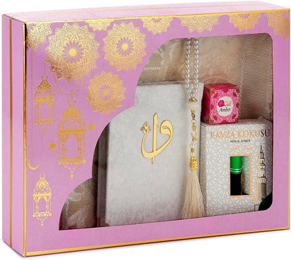 Islamic Prayer Gift Set – Muslim Prayer Rug, Yaseen Book, Tesbih & Ravza Scent (6 Piece)