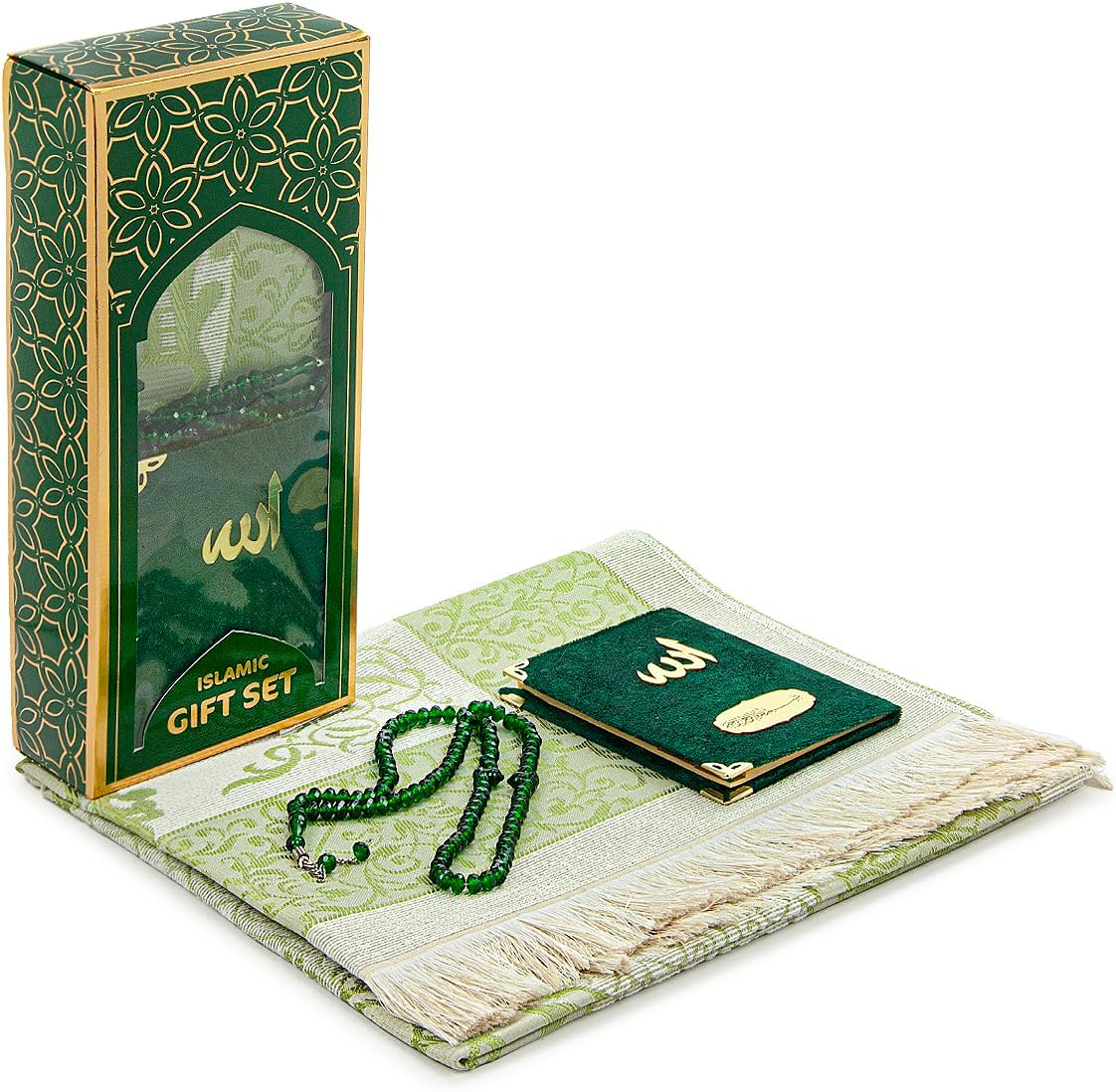 Islamic Gift Set – Taffeta Prayer Rug, Velvet Yaseen Book & Prayer Beads