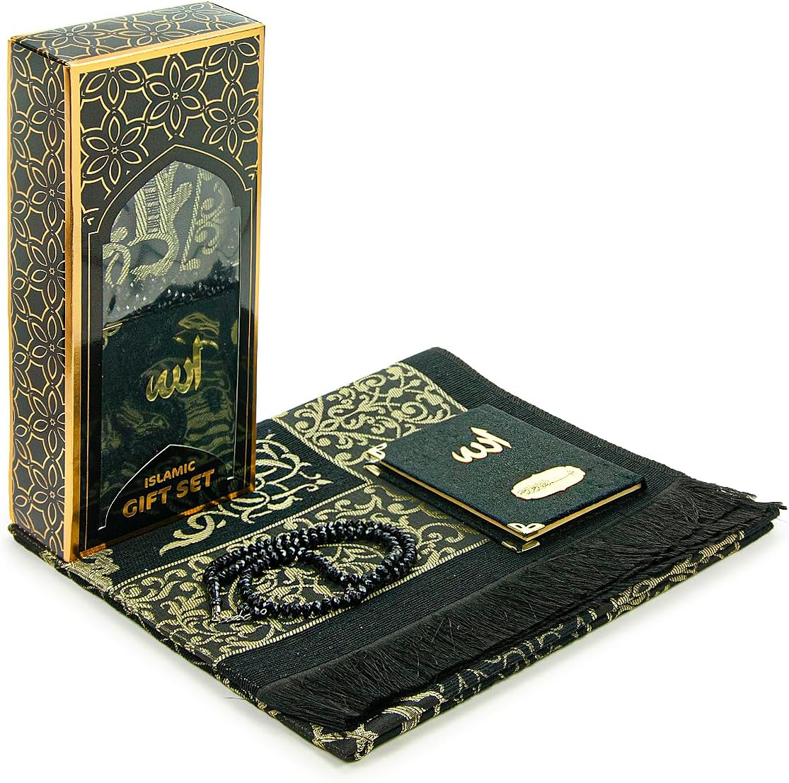 Islamic Gift Set – Taffeta Prayer Rug, Velvet Yaseen Book & Prayer Beads