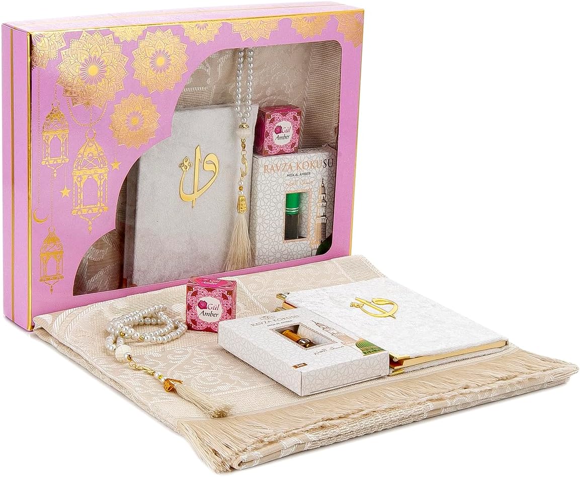 Islamic Prayer Gift Set – Muslim Prayer Rug, Yaseen Book, Tesbih & Ravza Scent (6 Piece)