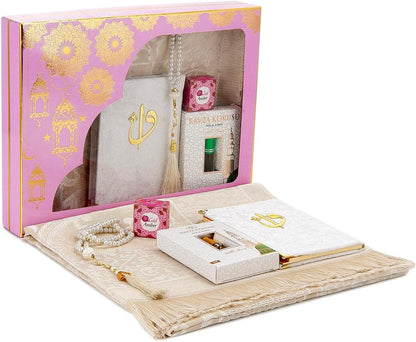 Islamic Prayer Gift Set – Muslim Prayer Rug, Yaseen Book, Tesbih & Ravza Scent (6 Piece)