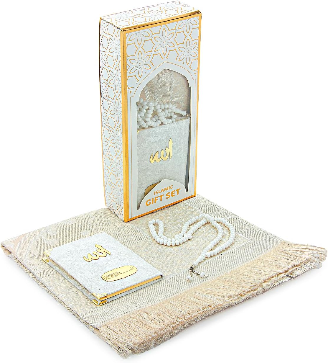 Islamic Gift Set – Taffeta Prayer Rug, Velvet Yaseen Book & Prayer Beads