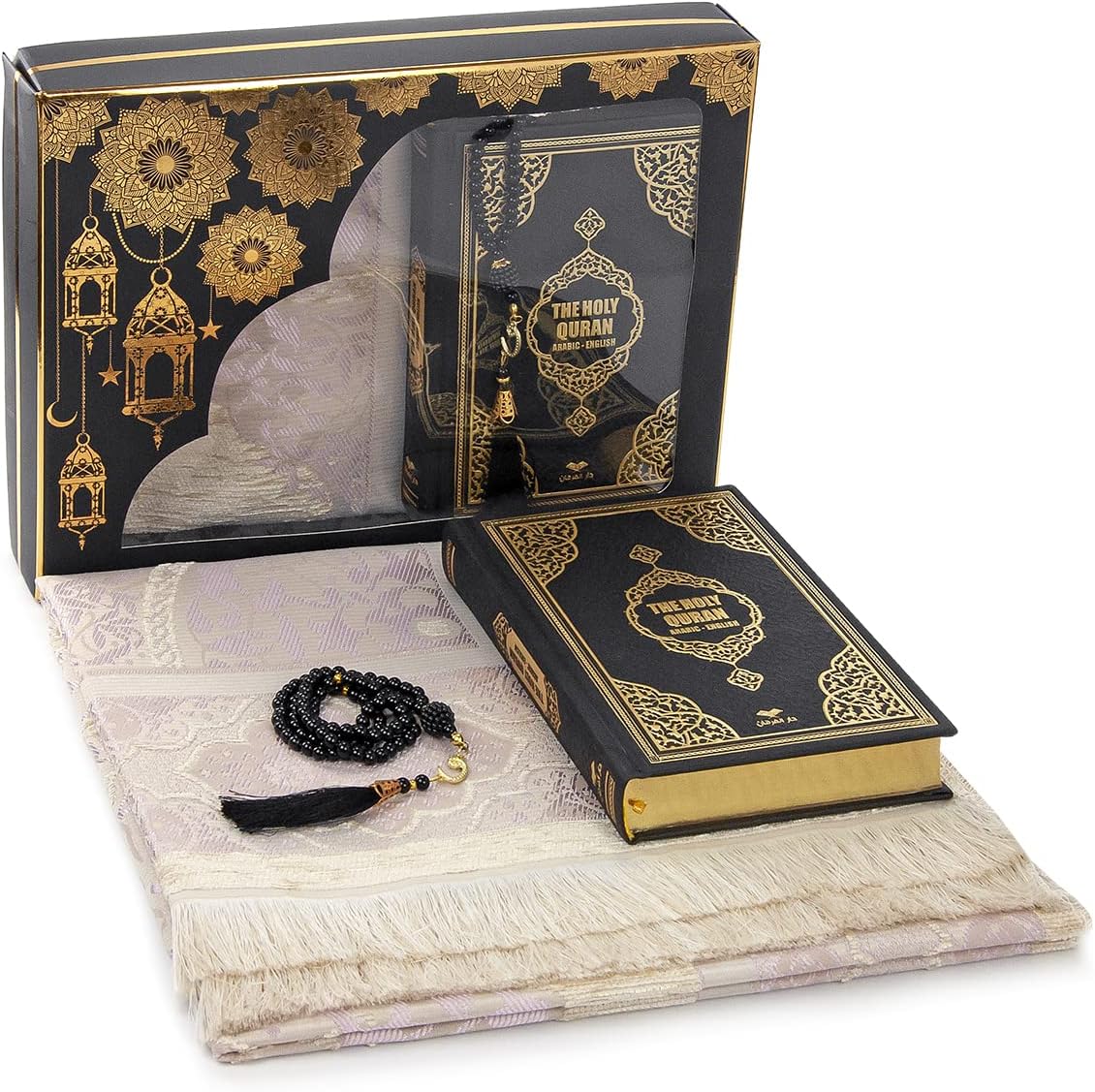 Islamic Prayer Gift Set – Holy Quran with English Translation, Prayer Rug & Tesbih (4 Piece)