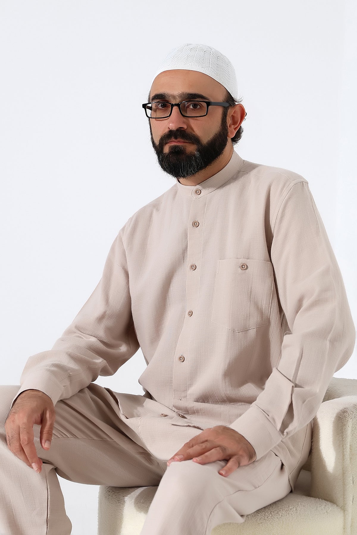 Müslin Erkek Gömlek Hakim Yaka Uzun Kollu, Pamuklu Hac Umre Gömleği - Bej (ANS)