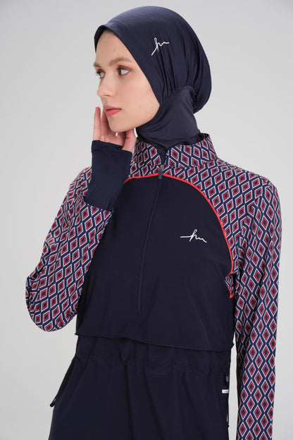 Haşema Esila Lacivert Kırmızı Kolu Desenli Jileli Tam Kapalı Tesettür Mayo Takımı HSM-2944