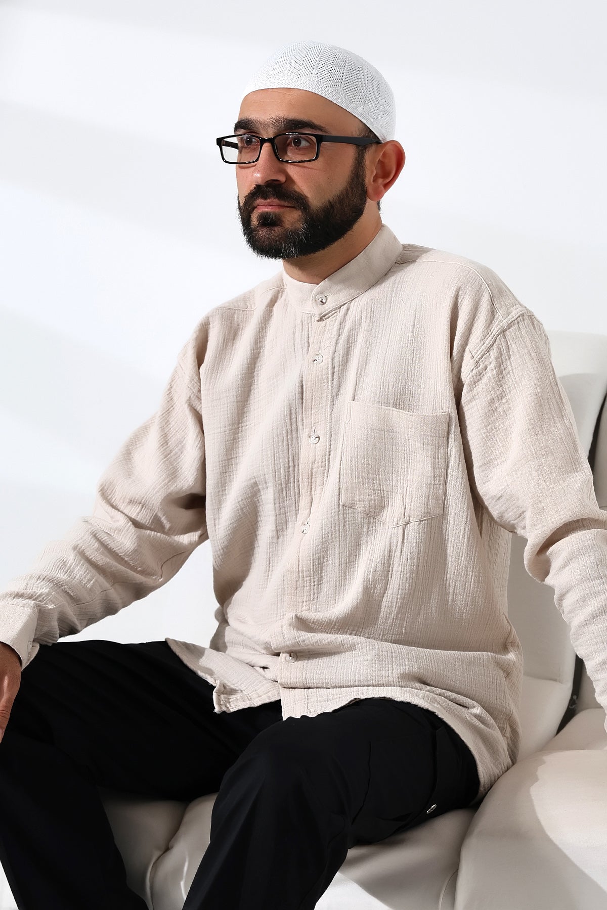 Müslin Erkek Gömlek, Hakim Yaka Uzun Kollu Nefes Alan Pamuklu Bej
