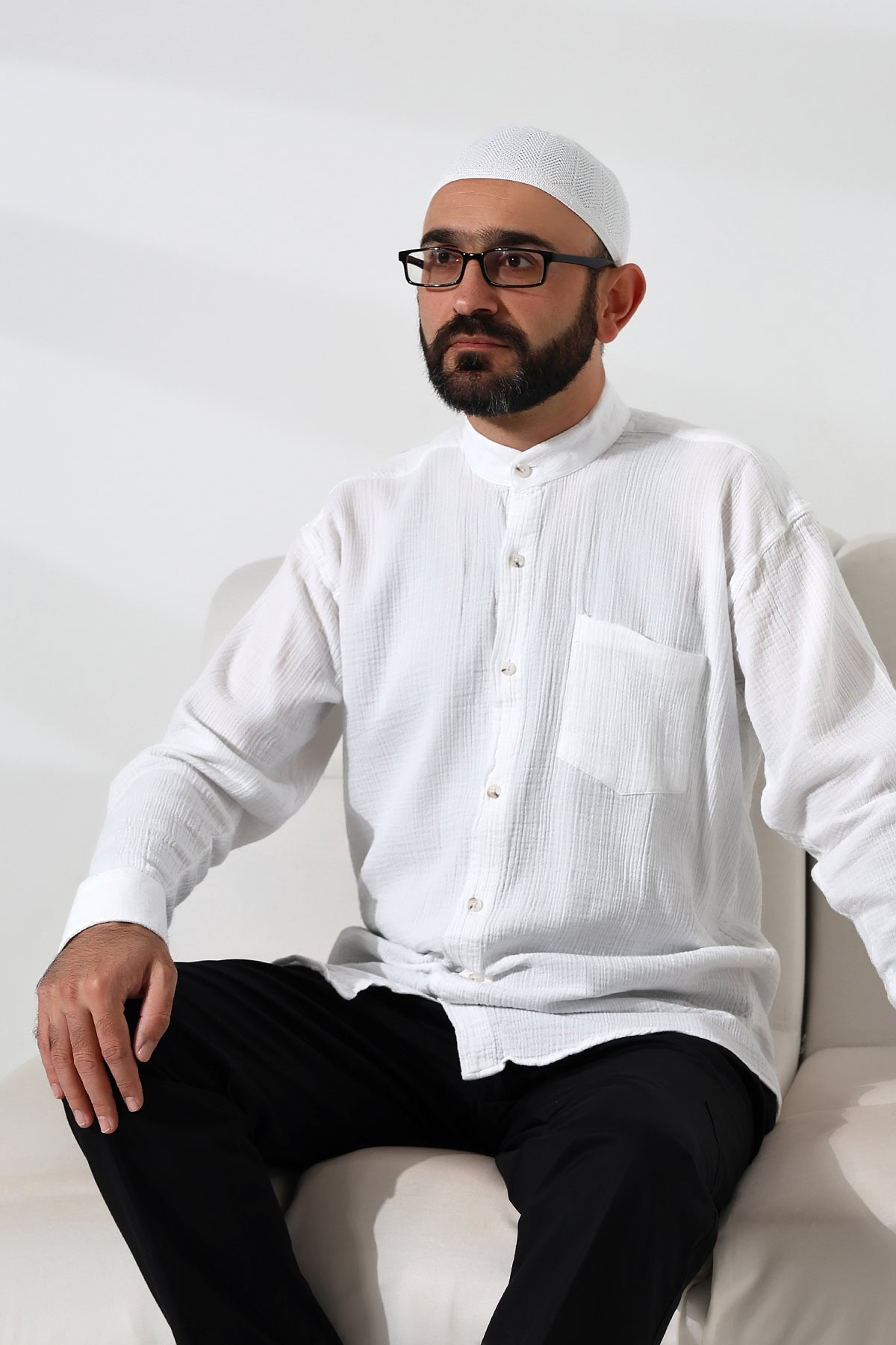 Müslin Erkek Gömlek, Hakim Yaka Uzun Kollu Nefes Alan Pamuklu Beyaz