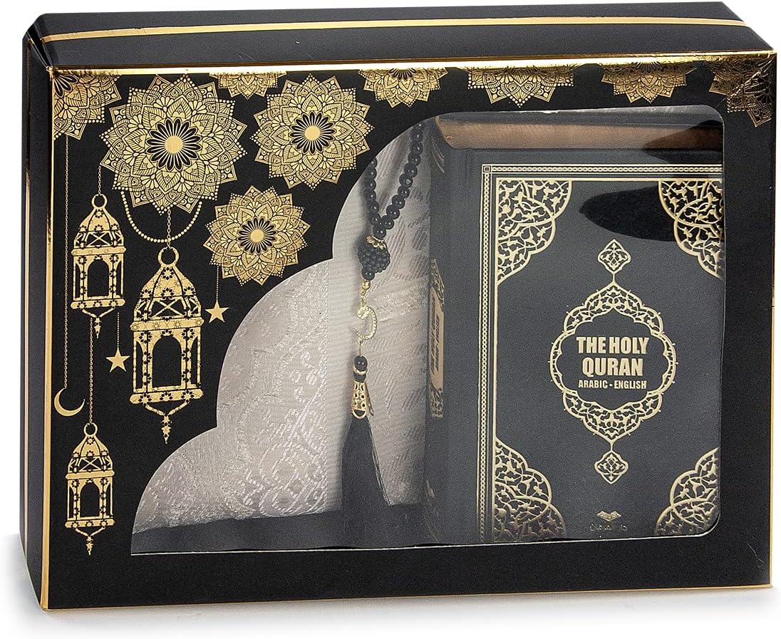 Islamic Prayer Gift Set – Holy Quran with English Translation, Prayer Rug & Tesbih (4 Piece)