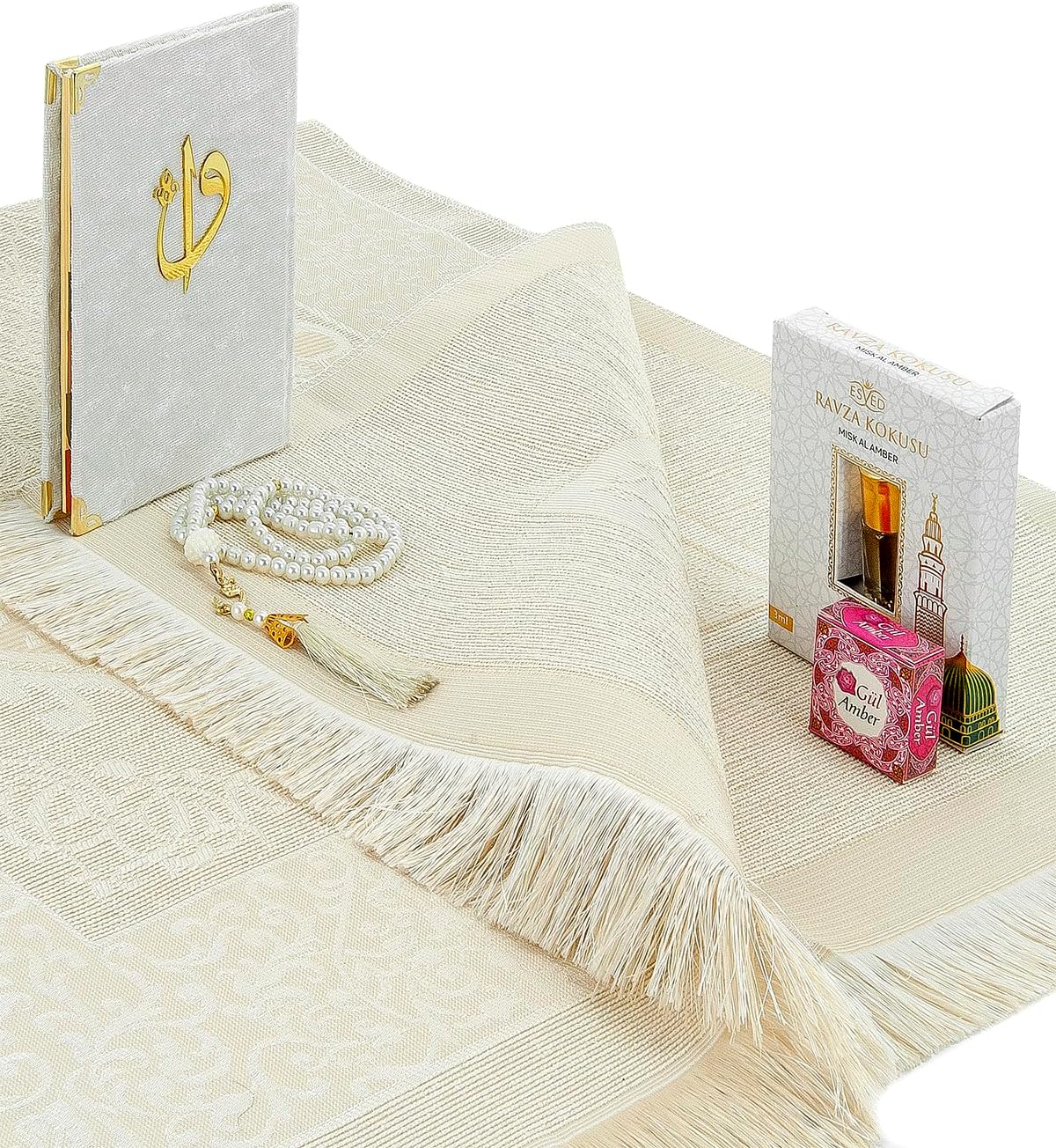 Islamic Prayer Gift Set – Muslim Prayer Rug, Yaseen Book, Tesbih & Ravza Scent (6 Piece)