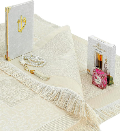 Islamic Prayer Gift Set – Muslim Prayer Rug, Yaseen Book, Tesbih & Ravza Scent (6 Piece)