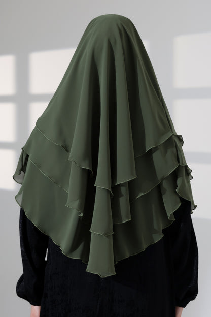 Muslim Prayer Hijab 3 Layers, Chiffon Khimar with Niqab Face Veil, Breathable Layered Ruffle Instant Long Scarf for Women, Oval Cut