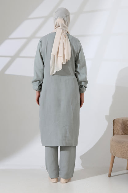 Women's Muslin Zip-Up Hijab Two-Piece Set Cotton Hajj and Umrah Outfit Mint Green (VSN)