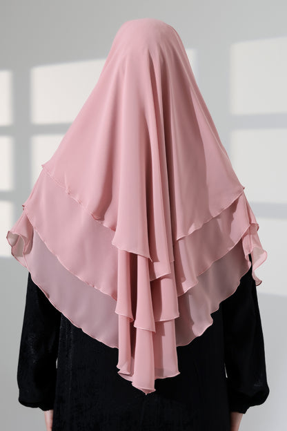 Muslim Prayer Hijab 3 Layers, Chiffon Khimar with Niqab Face Veil, Breathable Layered Ruffle Instant Long Scarf for Women, Oval Cut