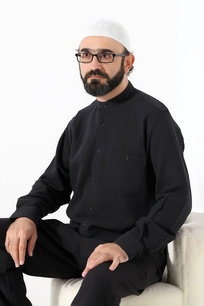 Müslin Erkek Gömlek Hakim Yaka Uzun Kollu, Pamuklu Hac Umre Gömleği - Siyah (ANS)