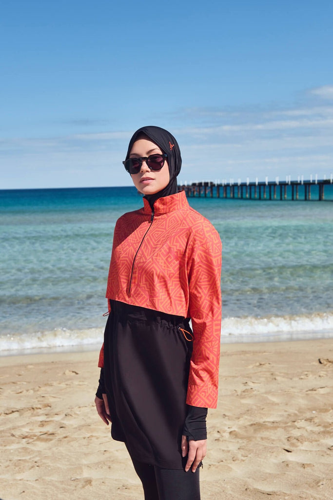 Monogram Patterned Full-Covered Modest Swimsuit, Burkini for Woman, Orange