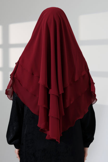 Muslim Prayer Hijab 3 Layers, Chiffon Khimar with Niqab Face Veil, Breathable Layered Ruffle Instant Long Scarf for Women, Oval Cut