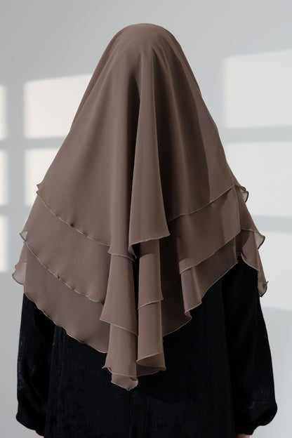Muslim Prayer Hijab 3 Layers, Chiffon Khimar with Niqab Face Veil, Breathable Layered Ruffle Instant Long Scarf for Women, Oval Cut