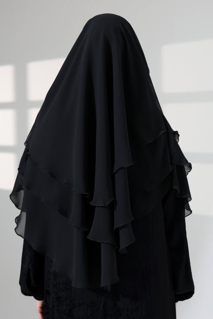 Muslim Prayer Hijab 3 Layers, Chiffon Khimar with Niqab Face Veil, Breathable Layered Ruffle Instant Long Scarf for Women, Oval Cut