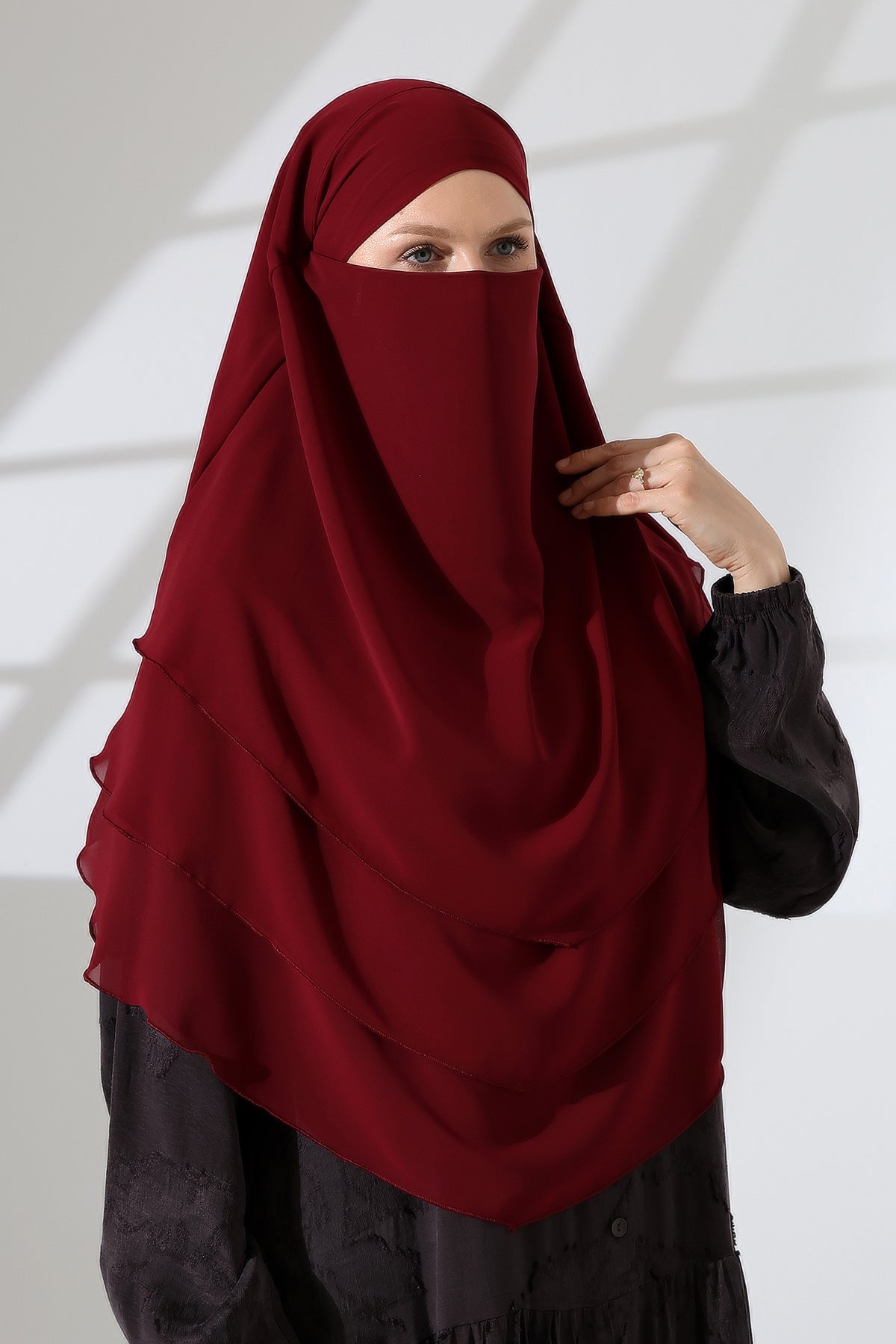 Muslim Prayer Hijab 3 Layers, Chiffon Khimar with Niqab Face Veil, Breathable Layered Ruffle Instant Long Scarf for Women, Oval Cut