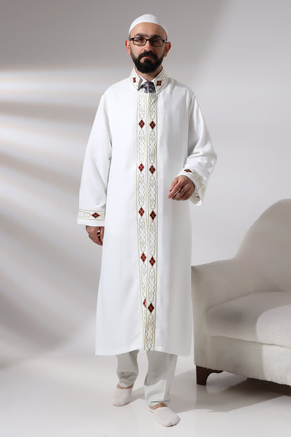 Beyaz Erkek Namaz Elbisesi Desen İşlemeli Hakim Yaka İmam Cübbesi