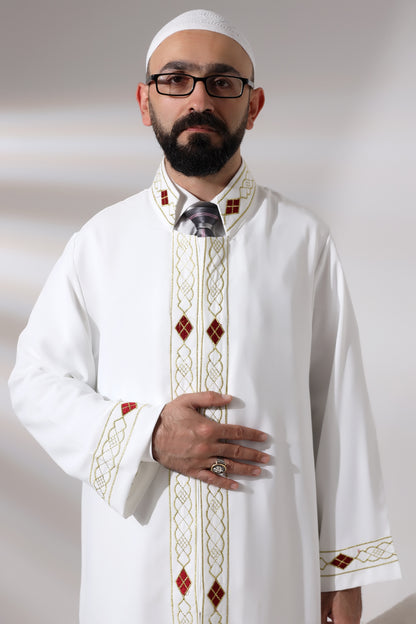 Beyaz Erkek Namaz Elbisesi Desen İşlemeli Hakim Yaka İmam Cübbesi